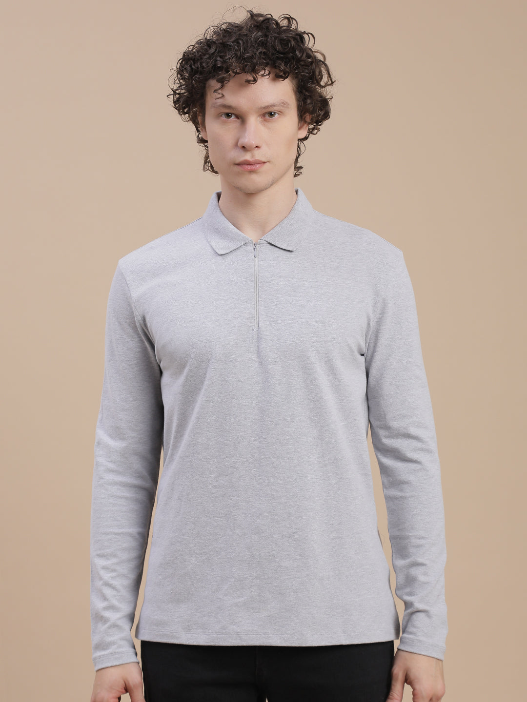 Men Grey Bonded Zipper T-Shirt