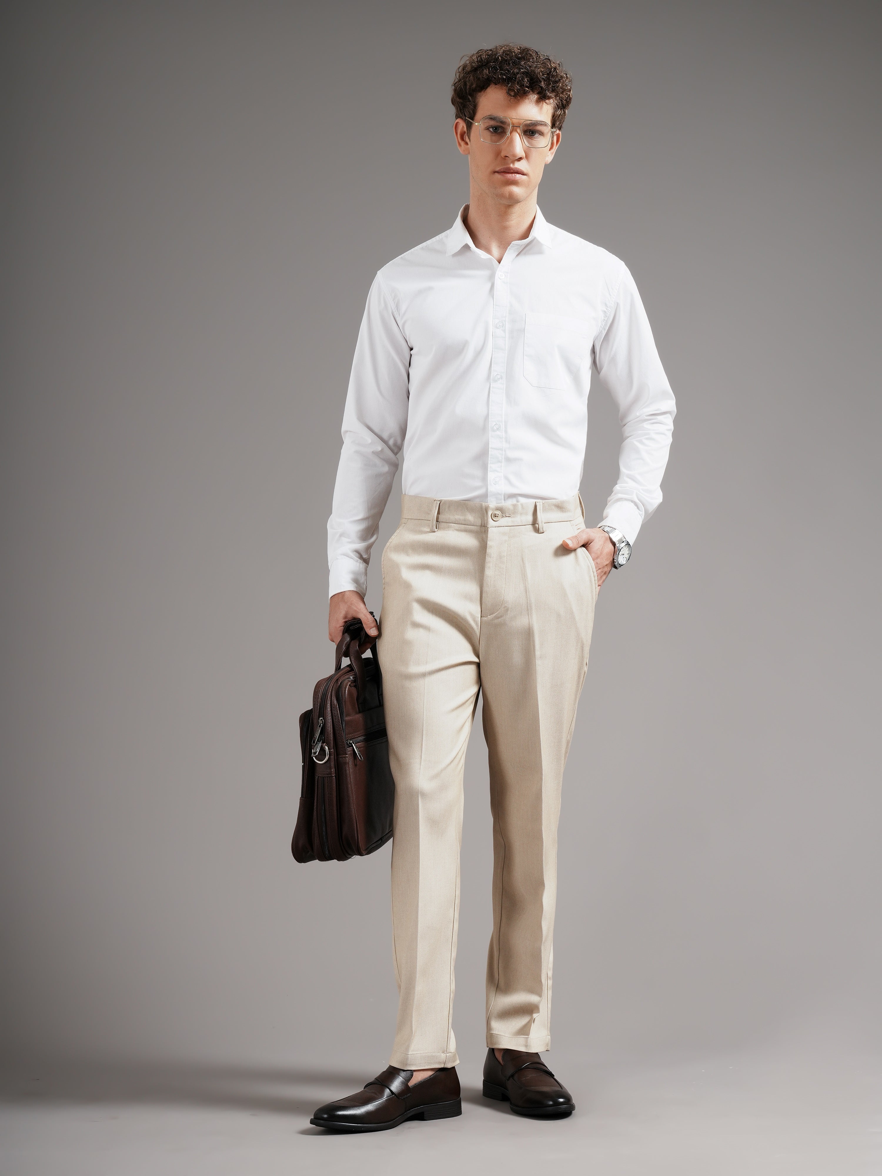 Men Beige Straight Fit Trousers