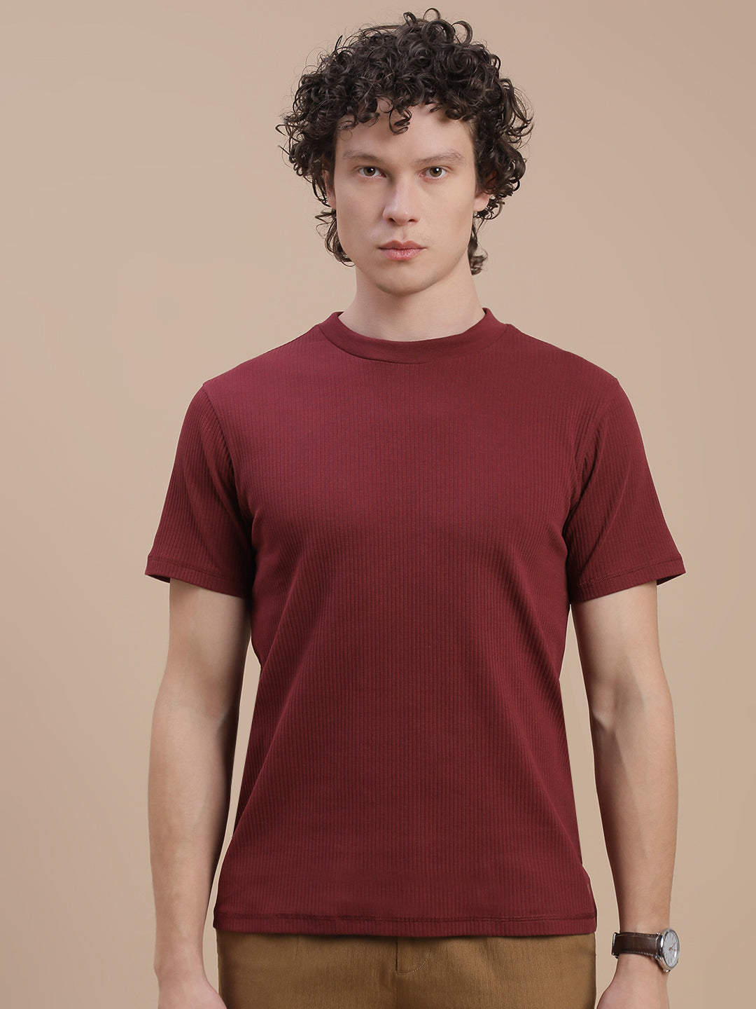 Men Burgundy High Neck Tee