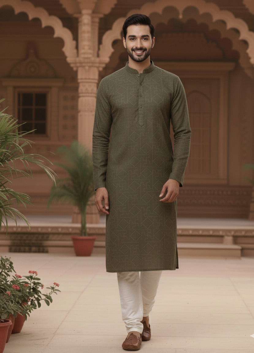 Men Green Zig Zag Embroidered Kurta