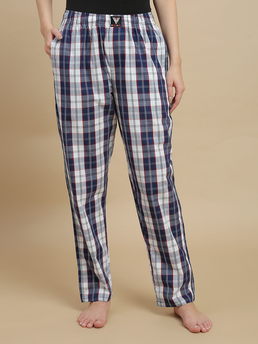 Women Navy & White Checked Cotton Pyjamas