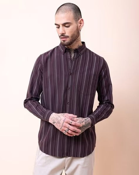 Men Burgundy Striped Shirt
