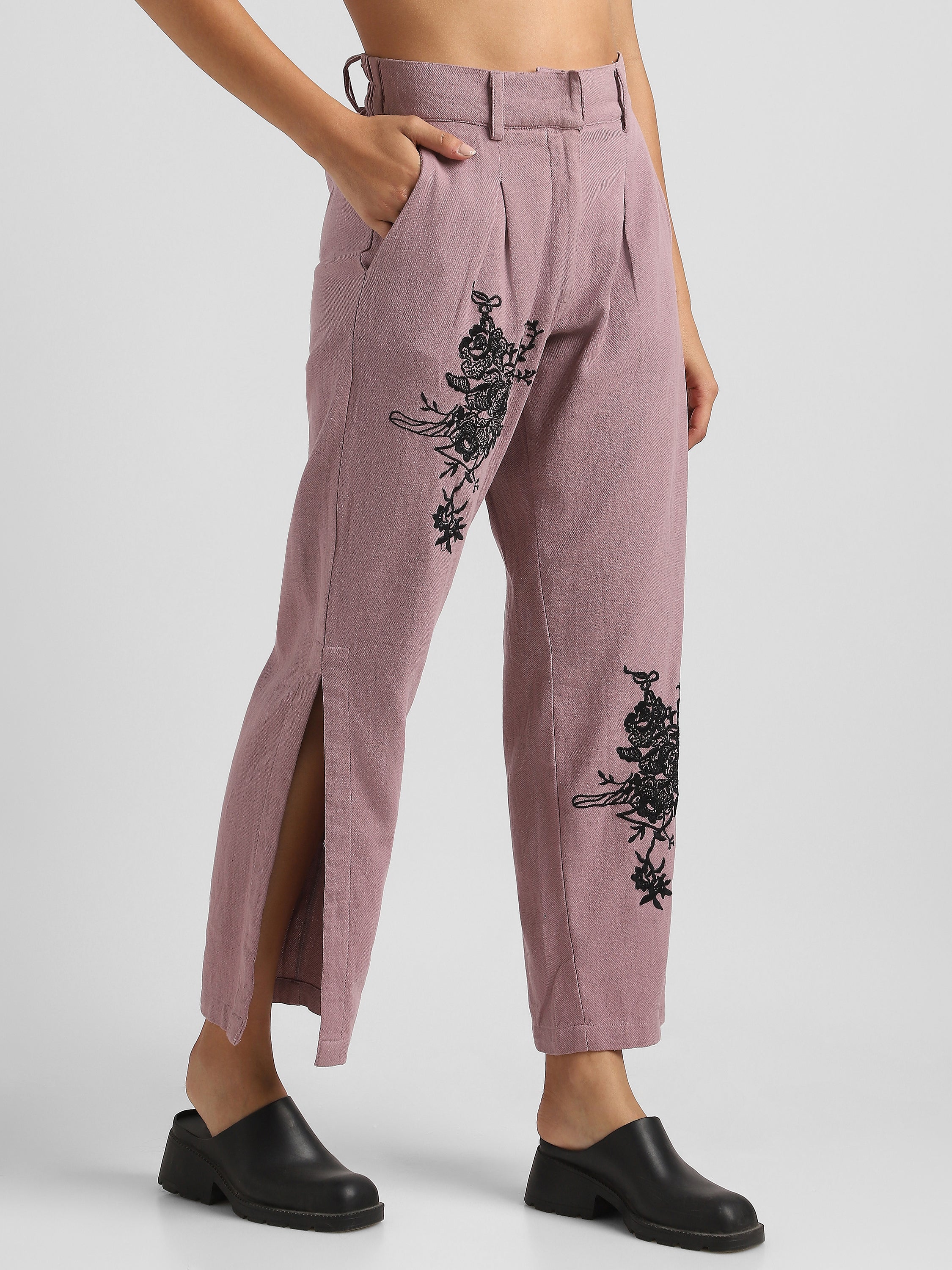 Women Pink Embroidered Pants with Slit