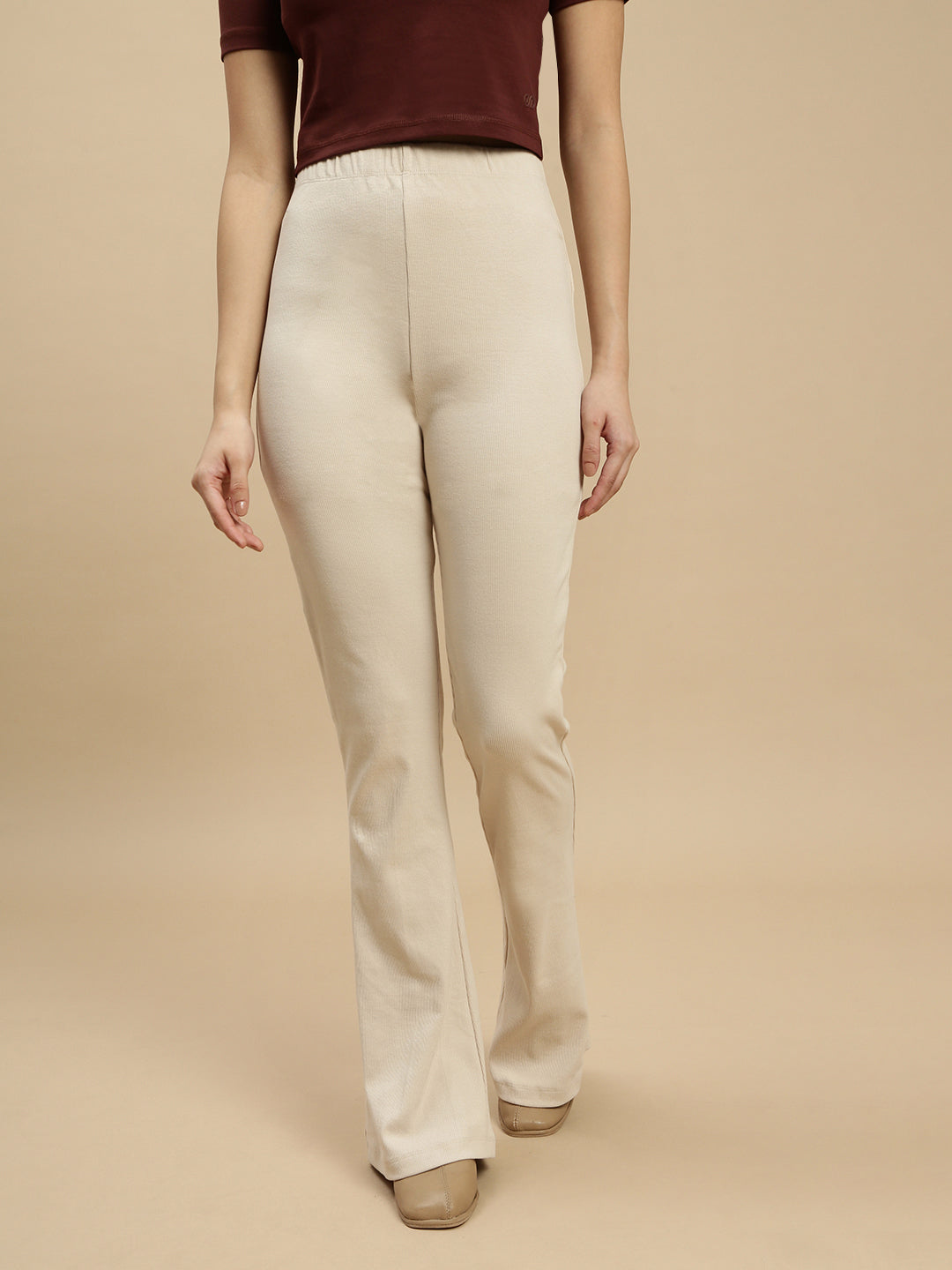 Women Beige Cotton Lycra Pant