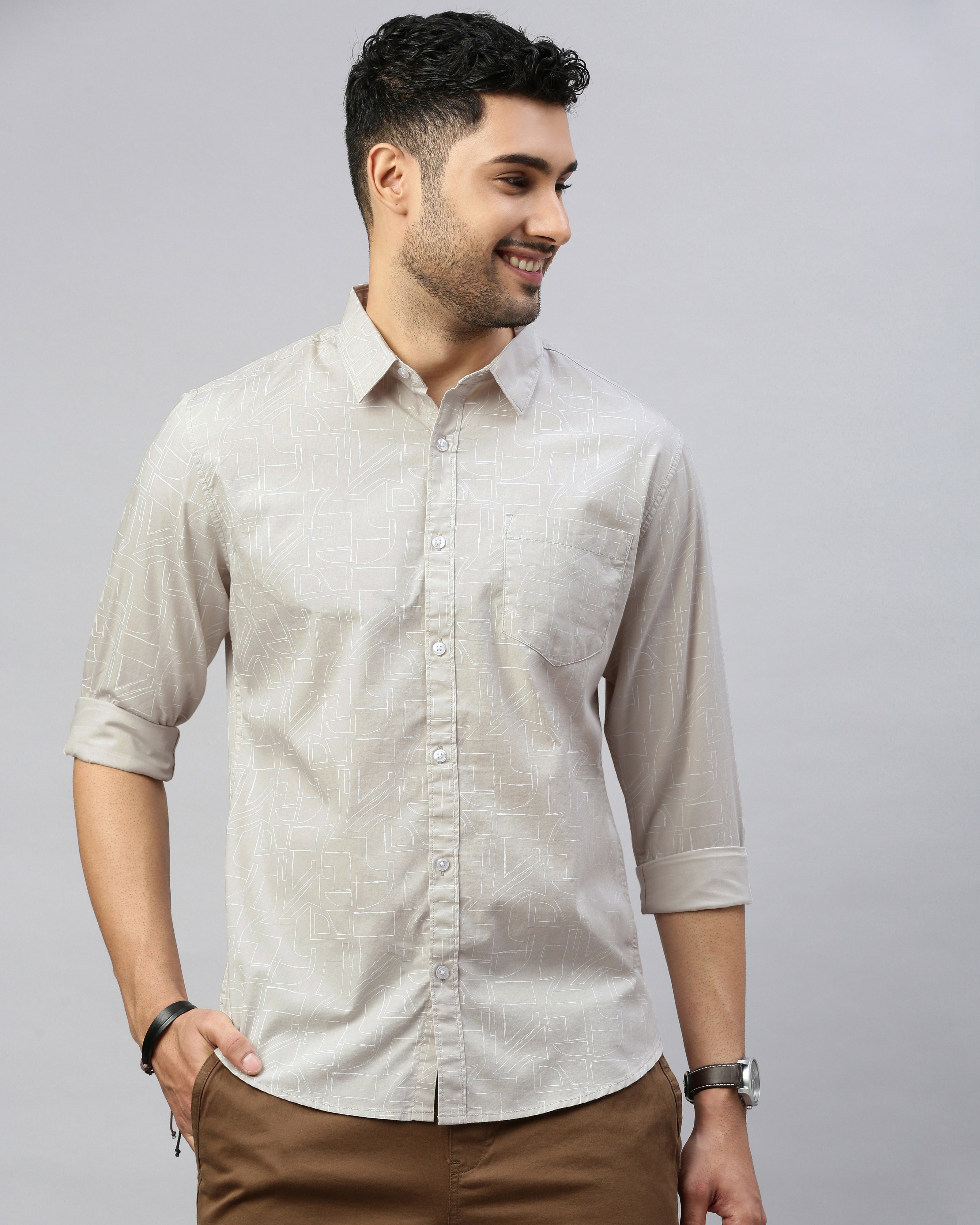 Men Beige Cotton Slim Shirt