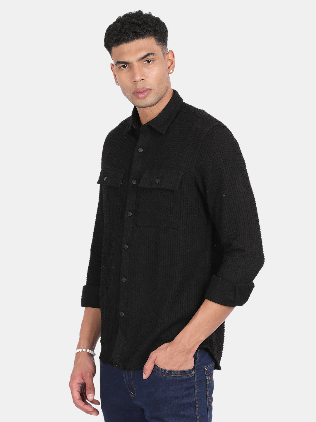 Men Black Slim Fit Spread Collar Full Sleeve Casual Shirt