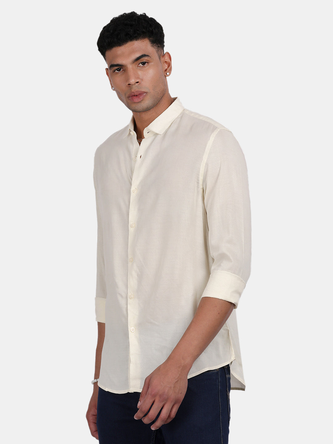 Men Light Cream Slim Fit Spread Collar Full Sleeve Casual Shirt