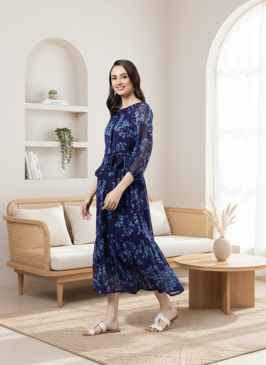 Women Bloom Navy Chiffon Dress