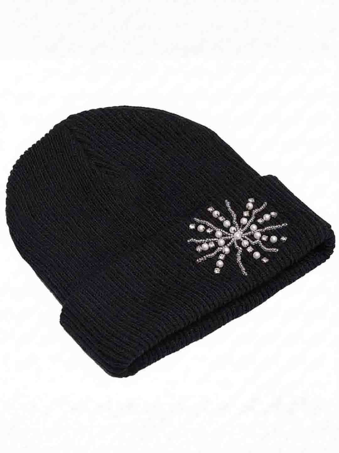 Black Beanie with Pearls & Crystals