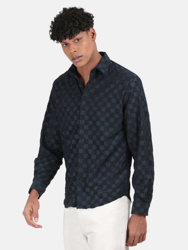 Men Navy Slim Fit Spread Collar Full Sleeve Casual Shirt
