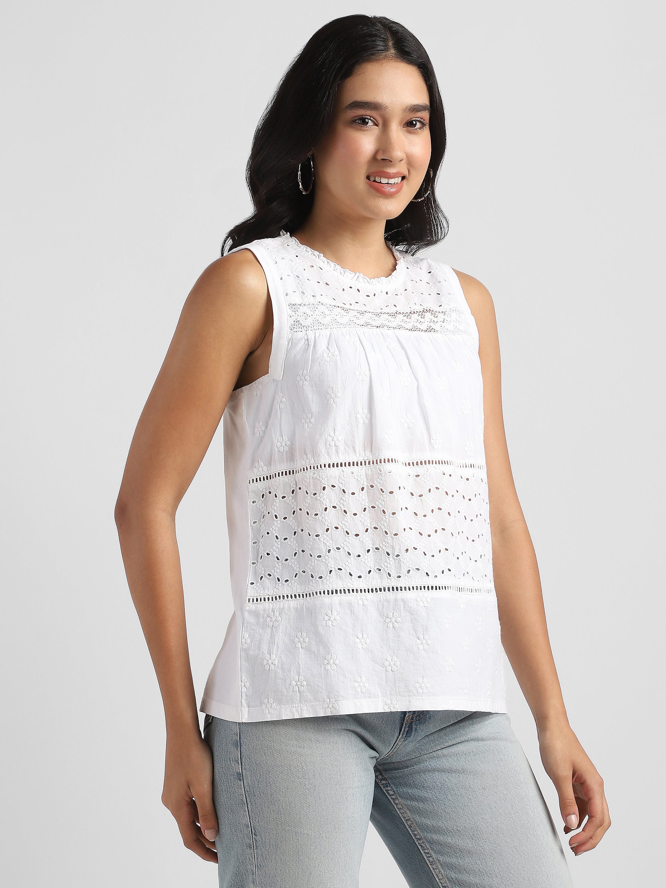 Women Cotton White Shiffli Embroidered Top