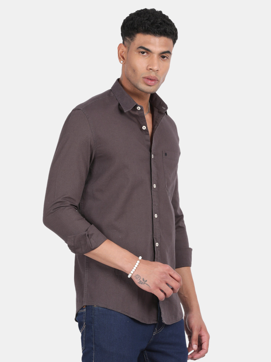 Men Grey Slim Fit Spread Collar Full Sleeve Casual Shirt