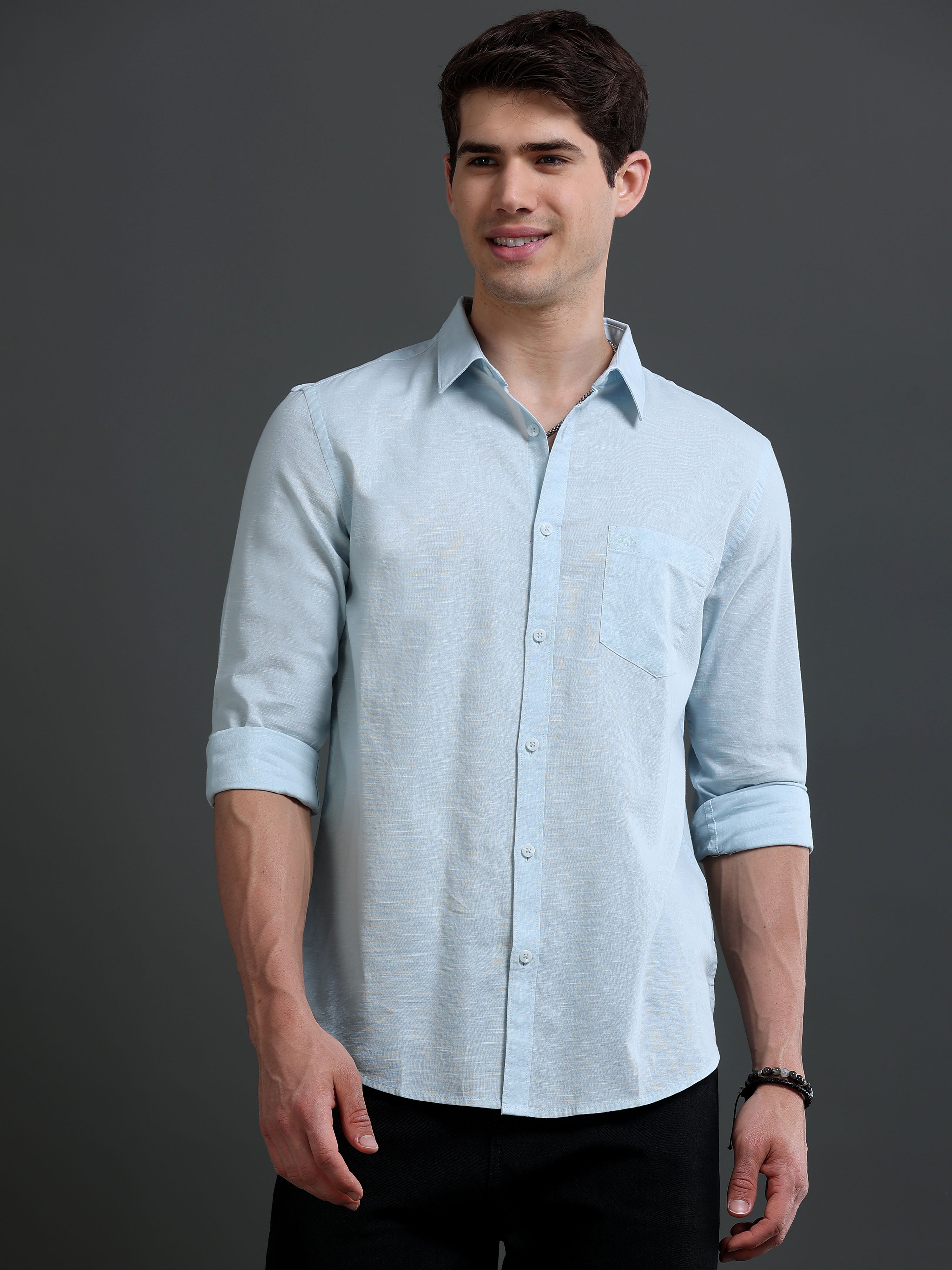 Men Blue Slub Solid Shirt