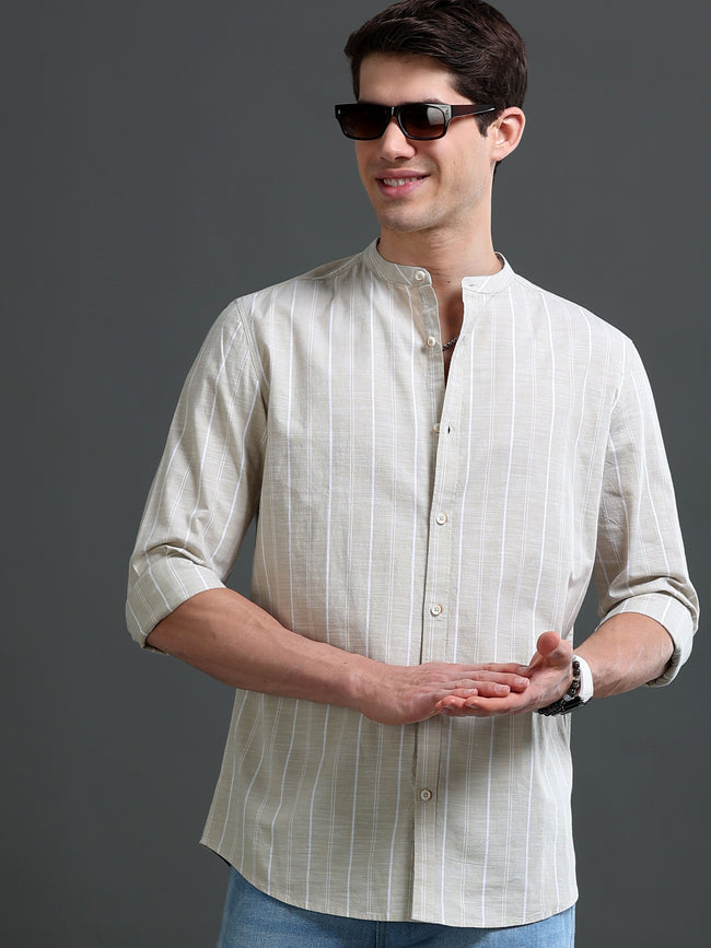 Men Beige Striped Cotton Shirt