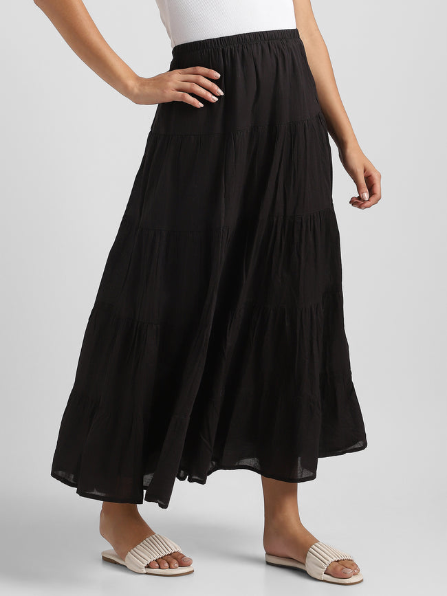 Women Black Flared Tier Maxi Skirt