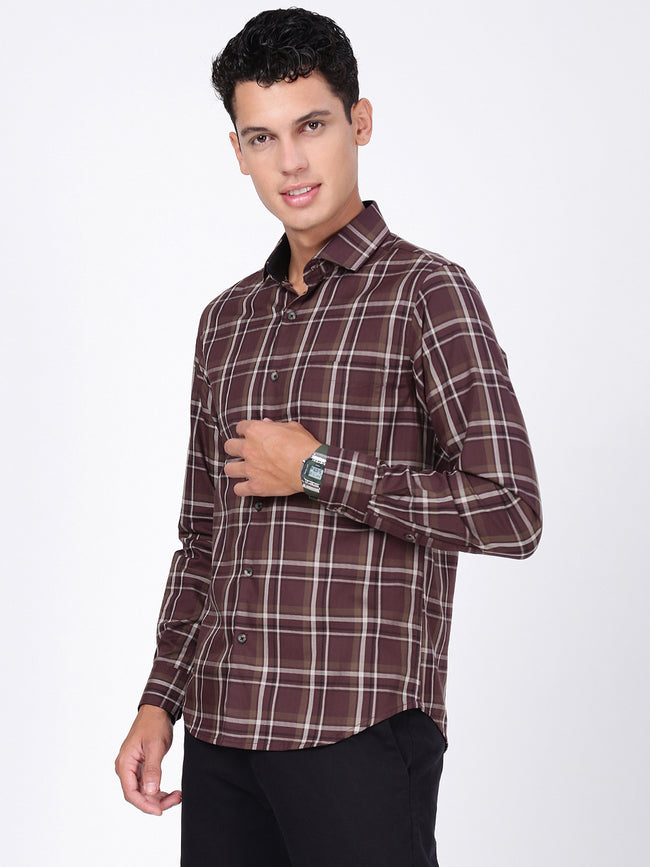 Men Brown Checked Slim Fit Formal Shirt
