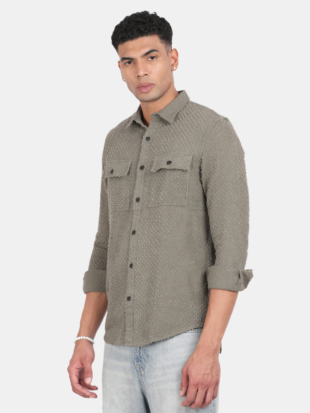 Men Green Slim Fit Spread Collar Full Sleeve Casual Shirt