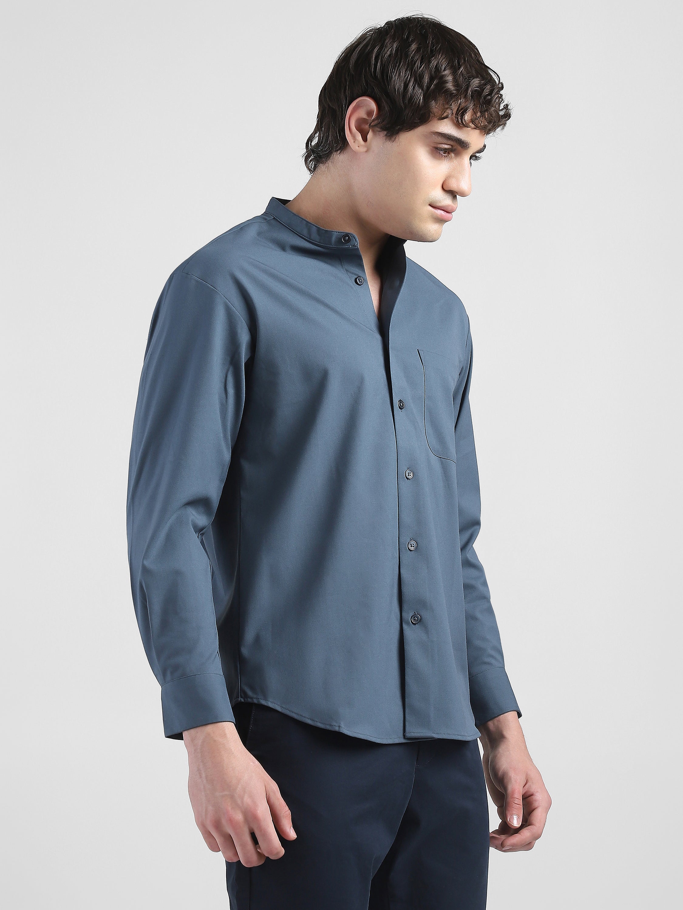 Men Grey Mandarin Collar Regular Fit Shirt