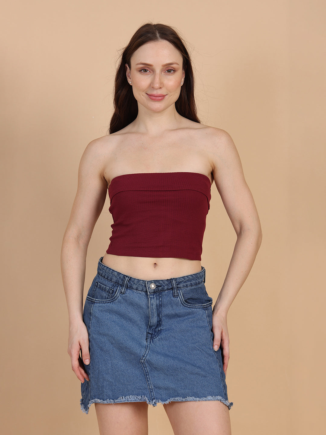 Women Burgundy Over Fold Tube Top