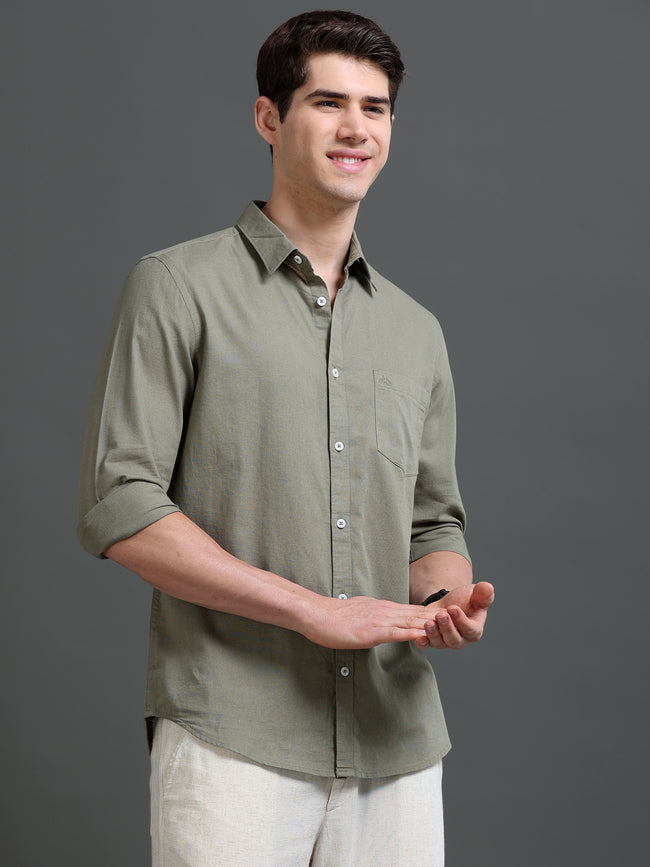 Men Olive Slub Solid Shirt