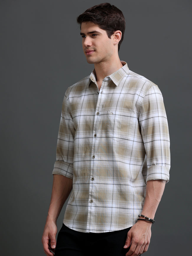 Men Beige Checked Cotton Shirt
