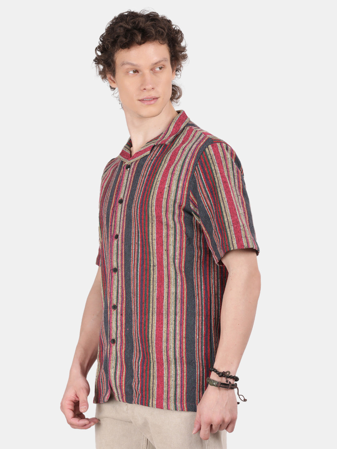 Men Cream Slim Fit Spread Collar Half Sleeve Casual Shirt