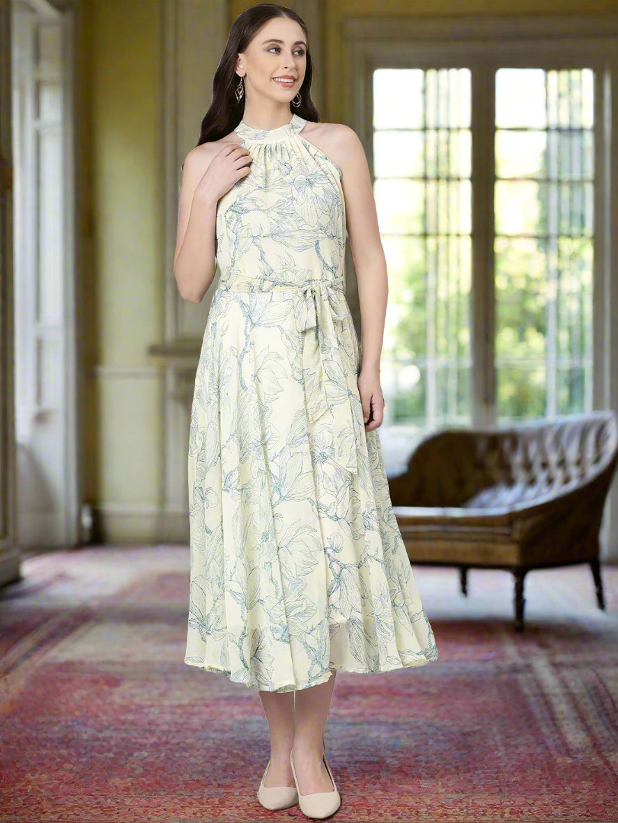 Women Cream Floral Chiffon Maxi Dress