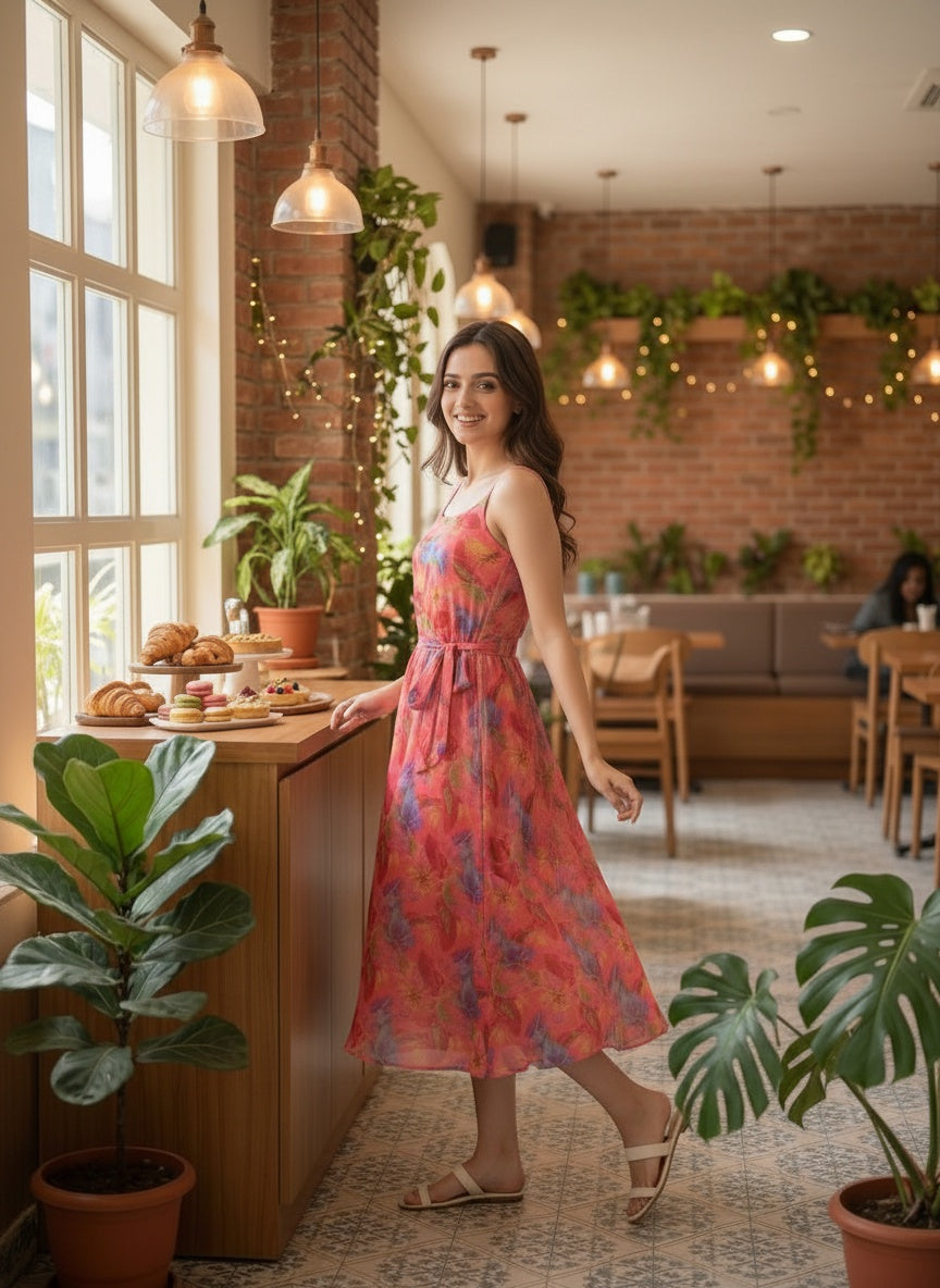 Women Floral Chiffon Midi Dress