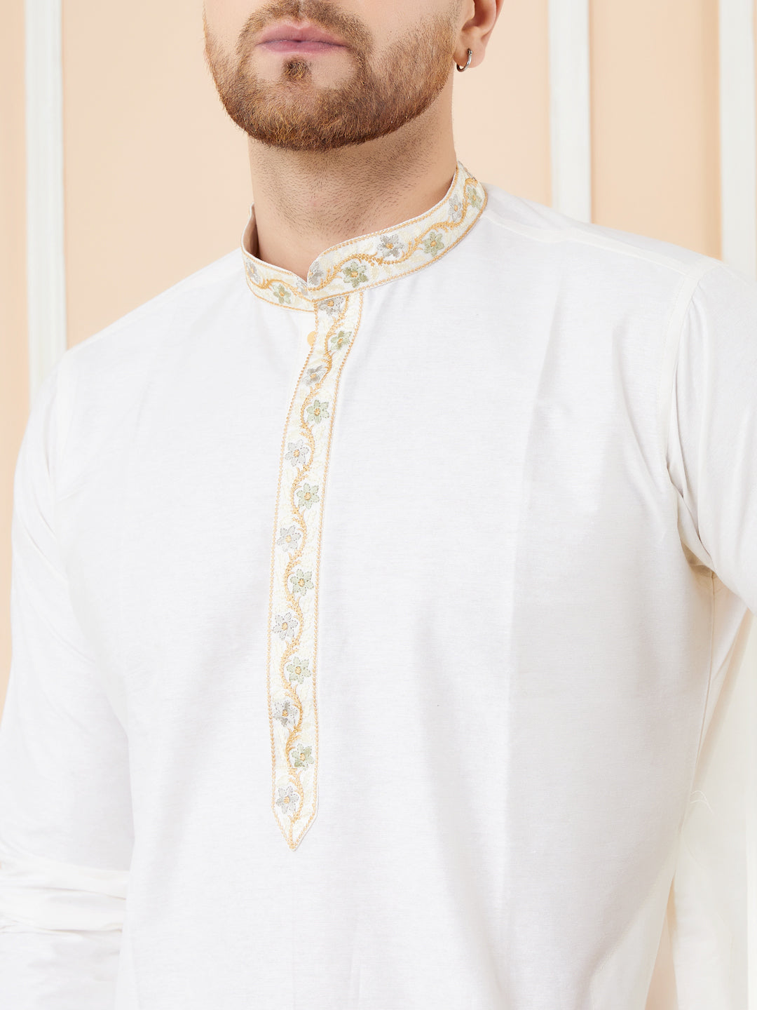Men Cream Solid Cotton Straight Kurta With Emboridered Neckline