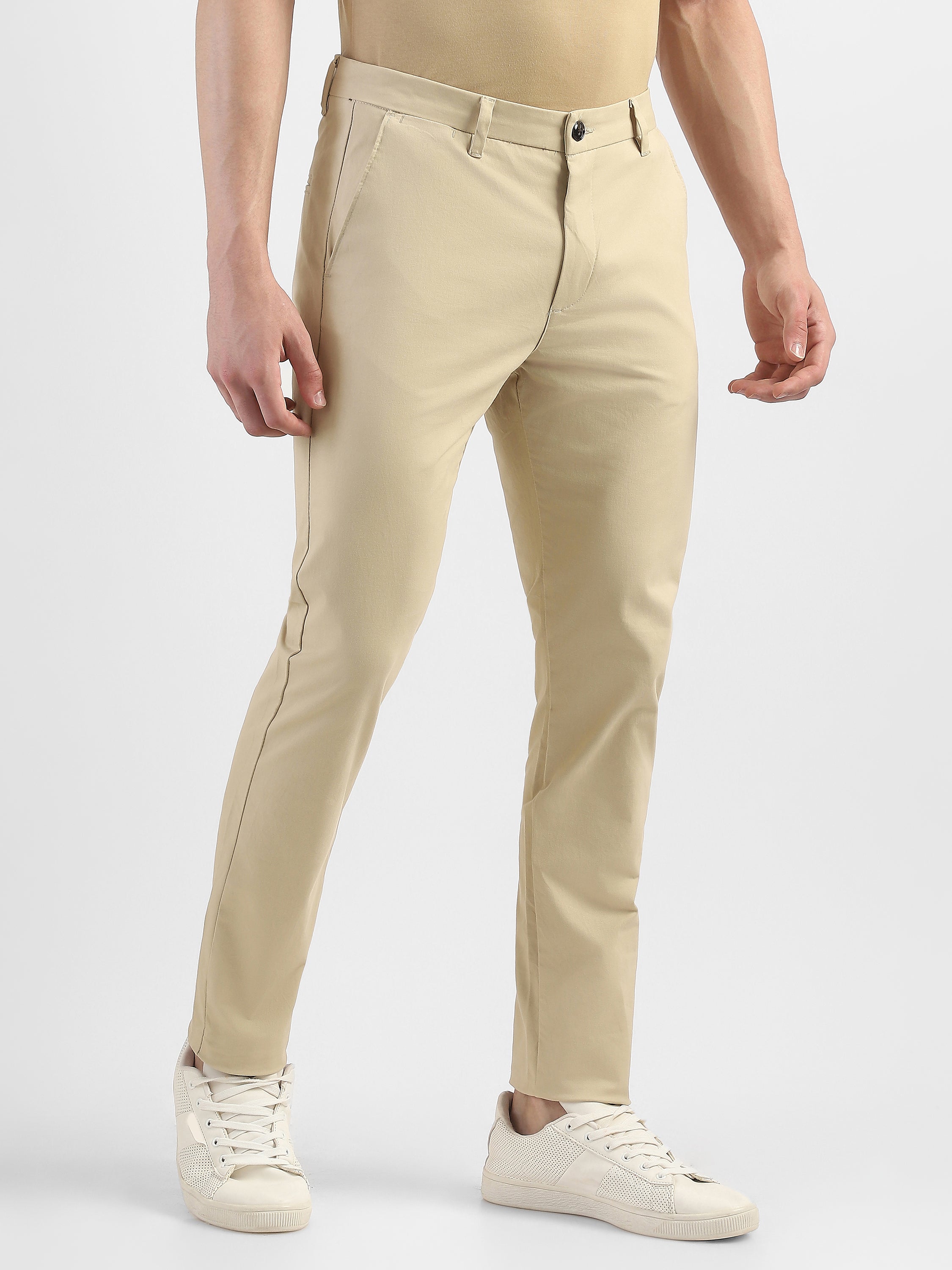 Men Beige Slim Fit Mid Rise Formal Trouser