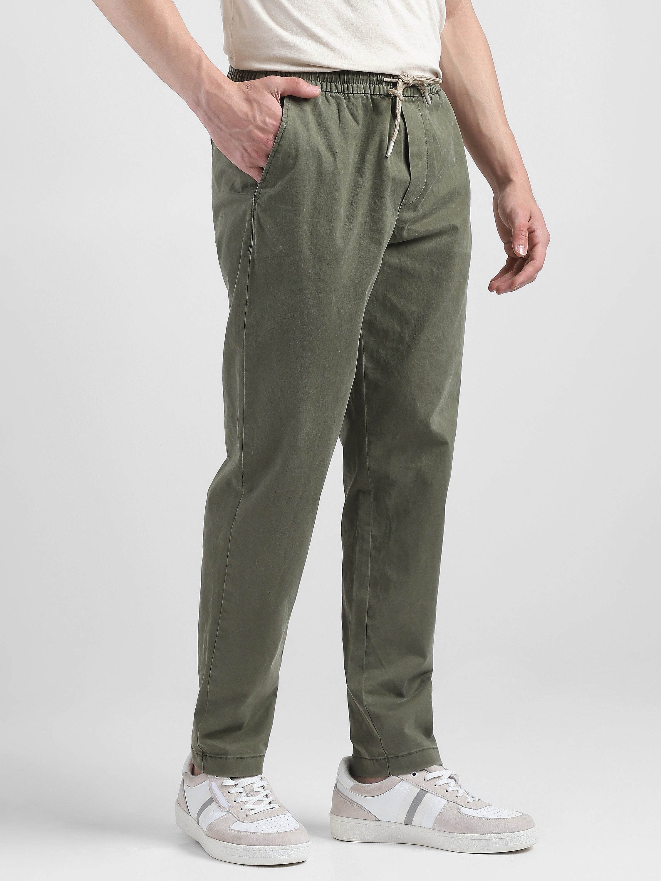 Men Olive Cotton Blend Pants