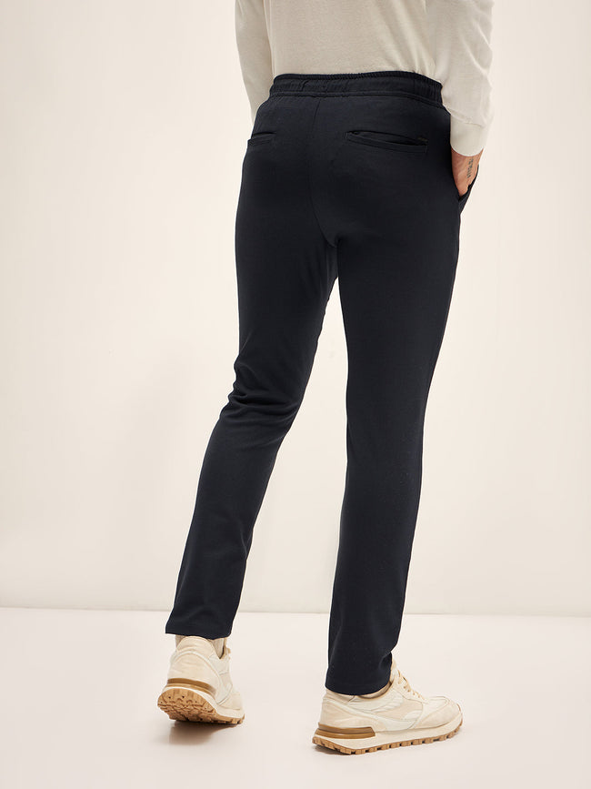 Men Dark Blue Solid 4 Way Stretch Semi-Formal Trouser