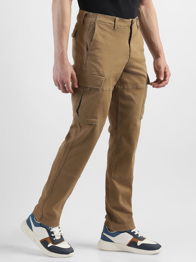 Men Khaki Cotton Mid Rise Cargo Pants