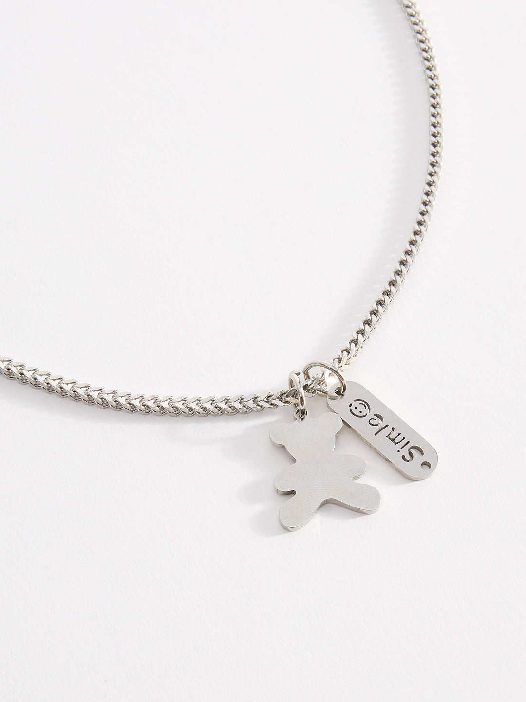 Men Silver-Tone Bear Pendant Necklace with Smile Tag Charm