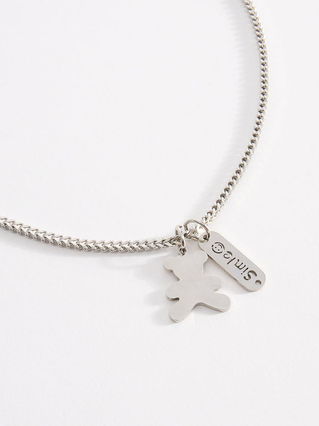 Men Silver-Tone Bear Pendant Necklace with Smile Tag Charm