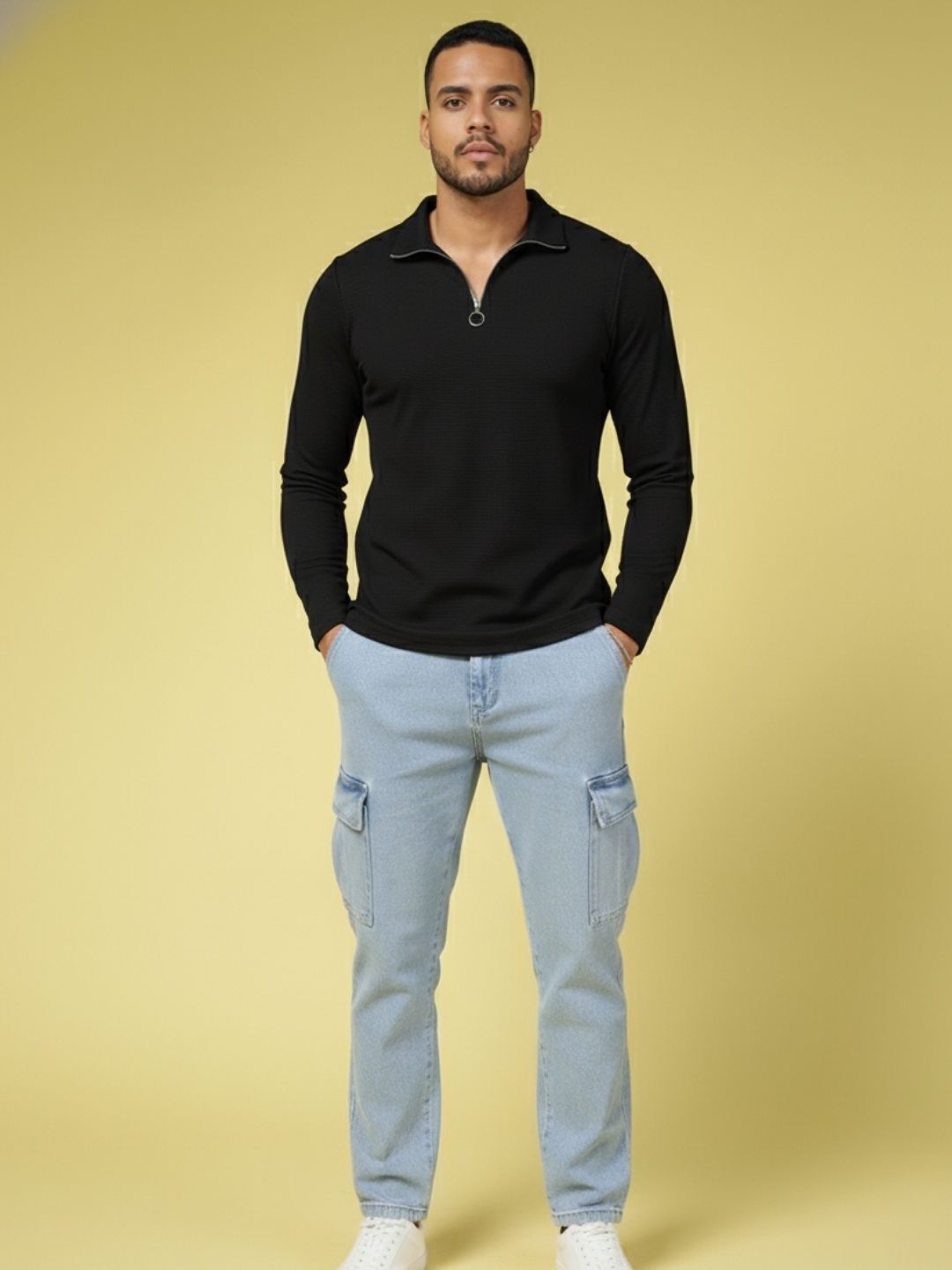 Men Black High Neck Polyester T-Shirt