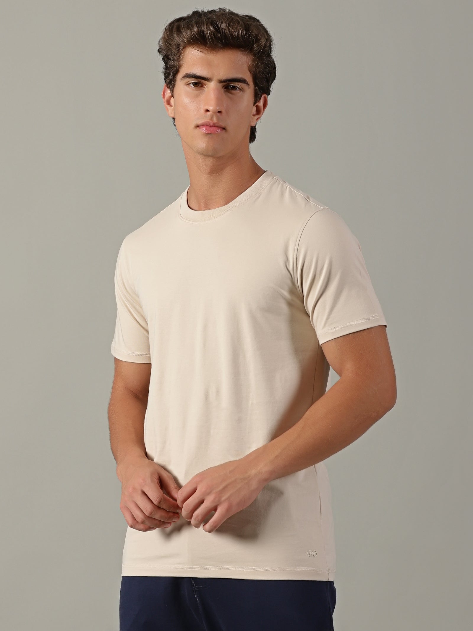 Men Beige Crew Neck T-Shirt