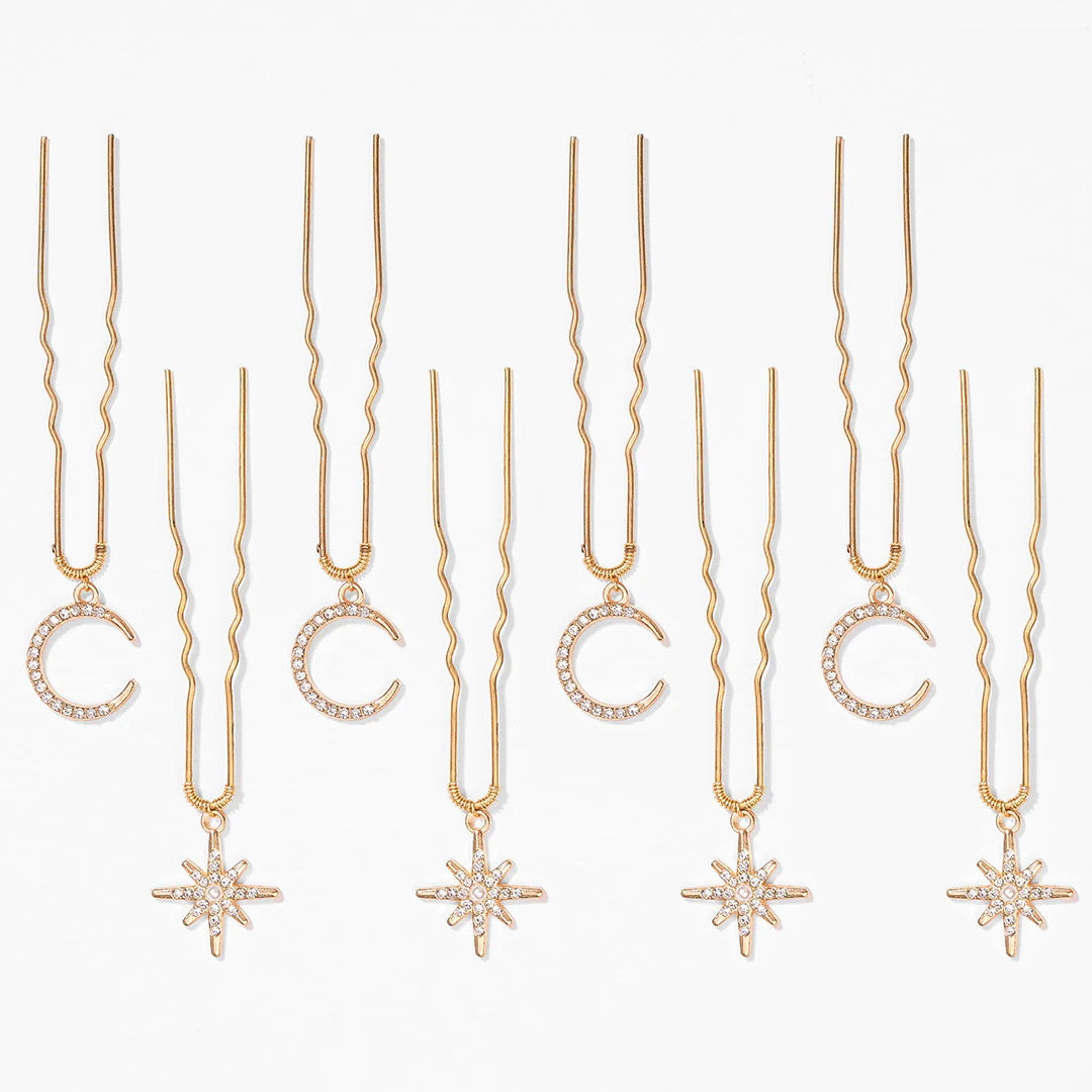 Celestia Golden Star & Moon Hair Pins - Set of 8