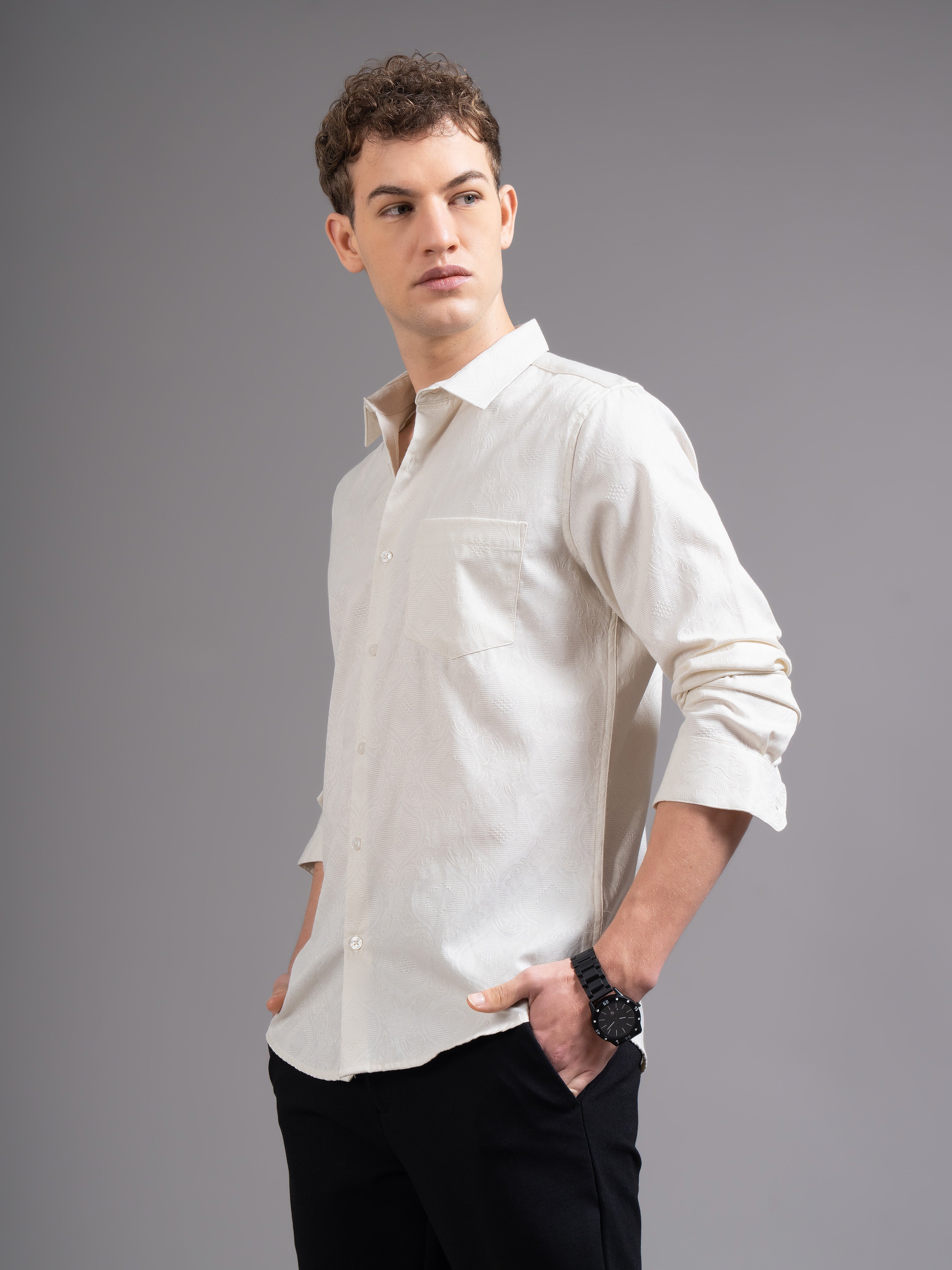 Men Cream Checked Shirt