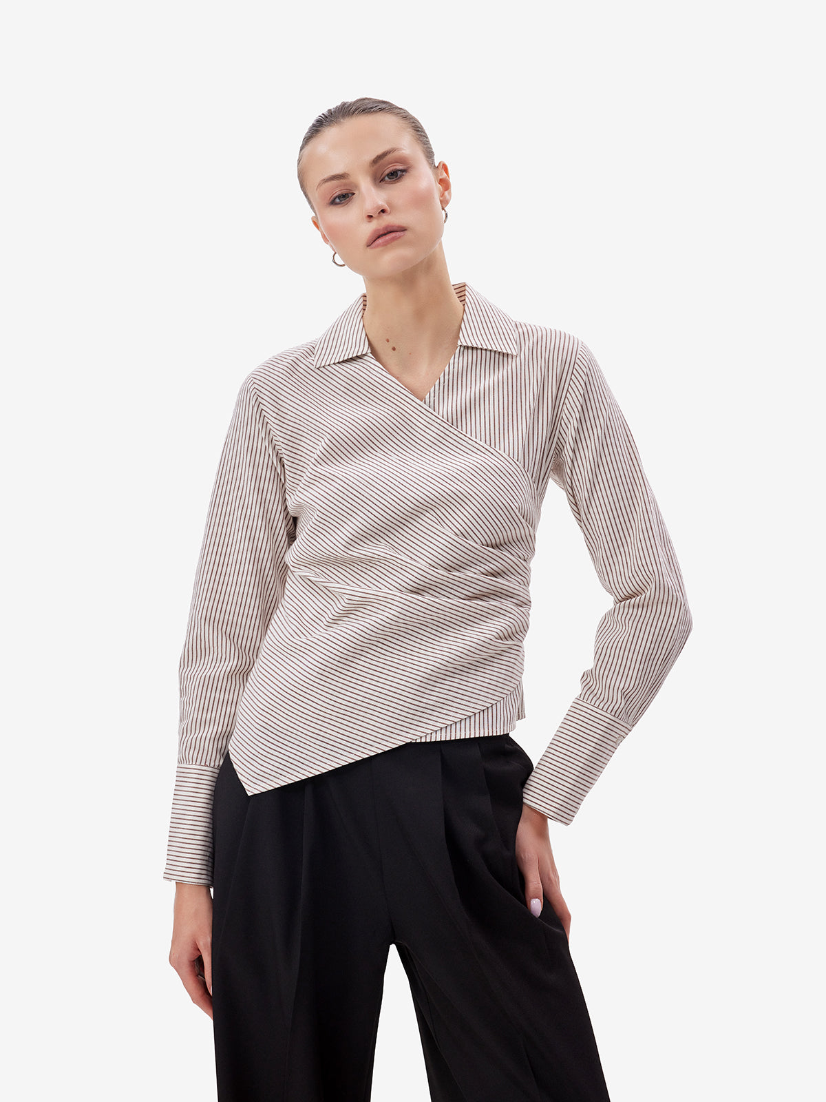 Women White Striped Overlap Shirt