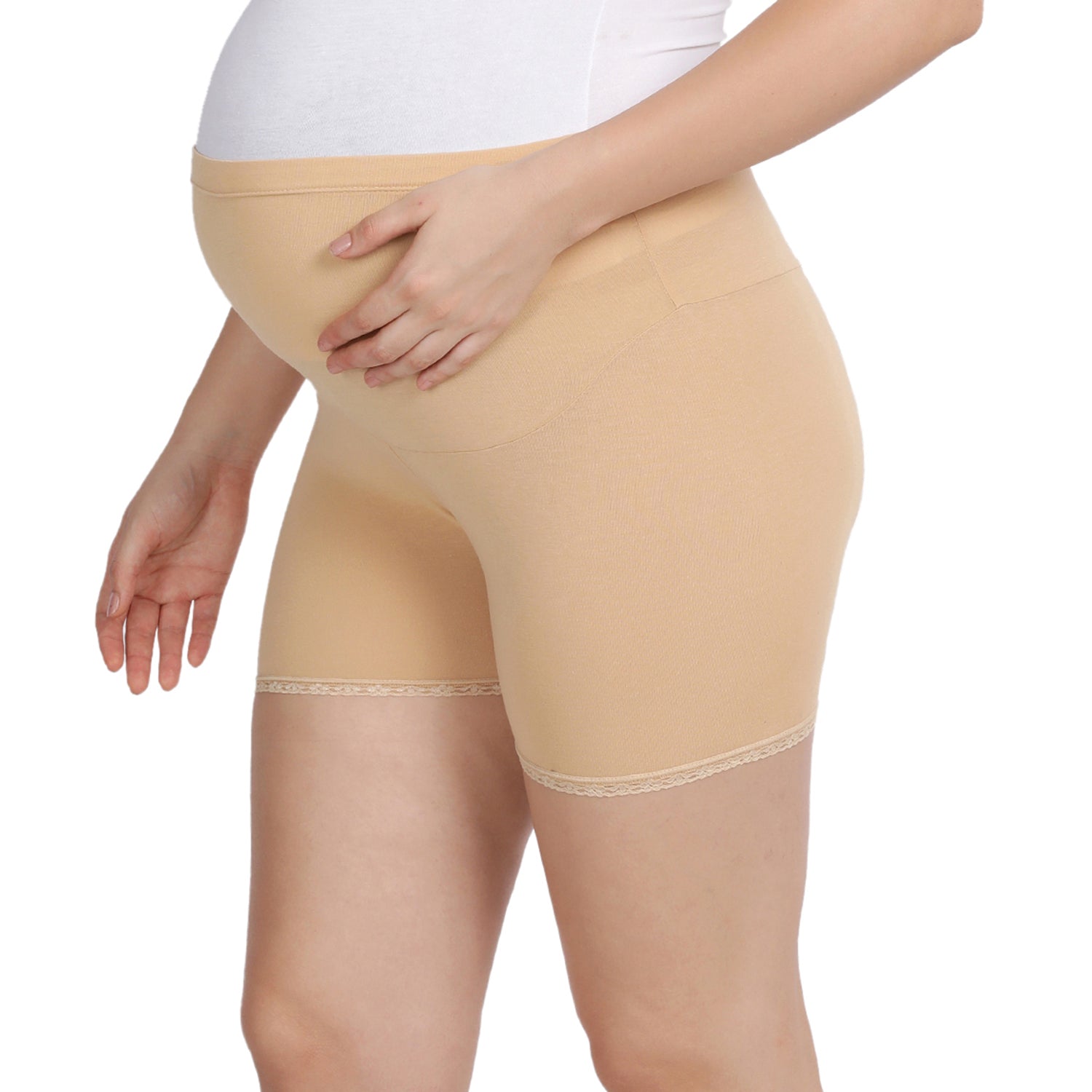 Women Beige Maternity Lace Shorts