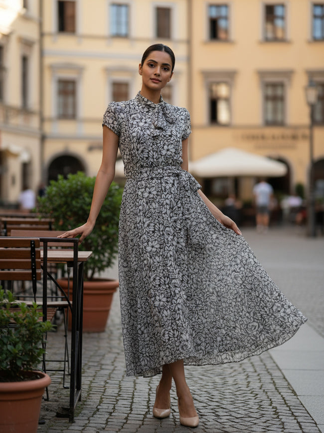 Women Floral Chiffon Flared Midi Dress