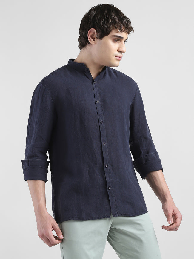 Men 100% Linen Navy Regular Fit  Shirt