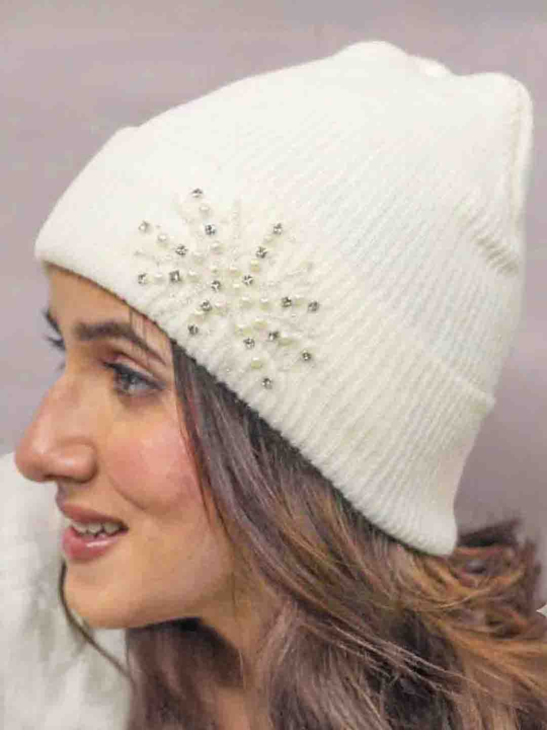 White Beanie with Pearls & Crystals