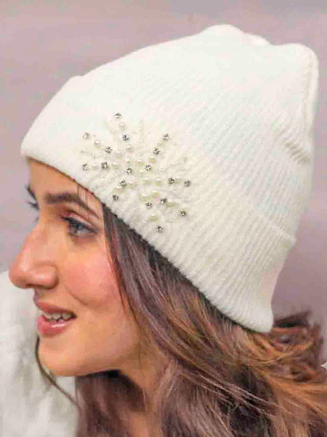 White Beanie with Pearls & Crystals