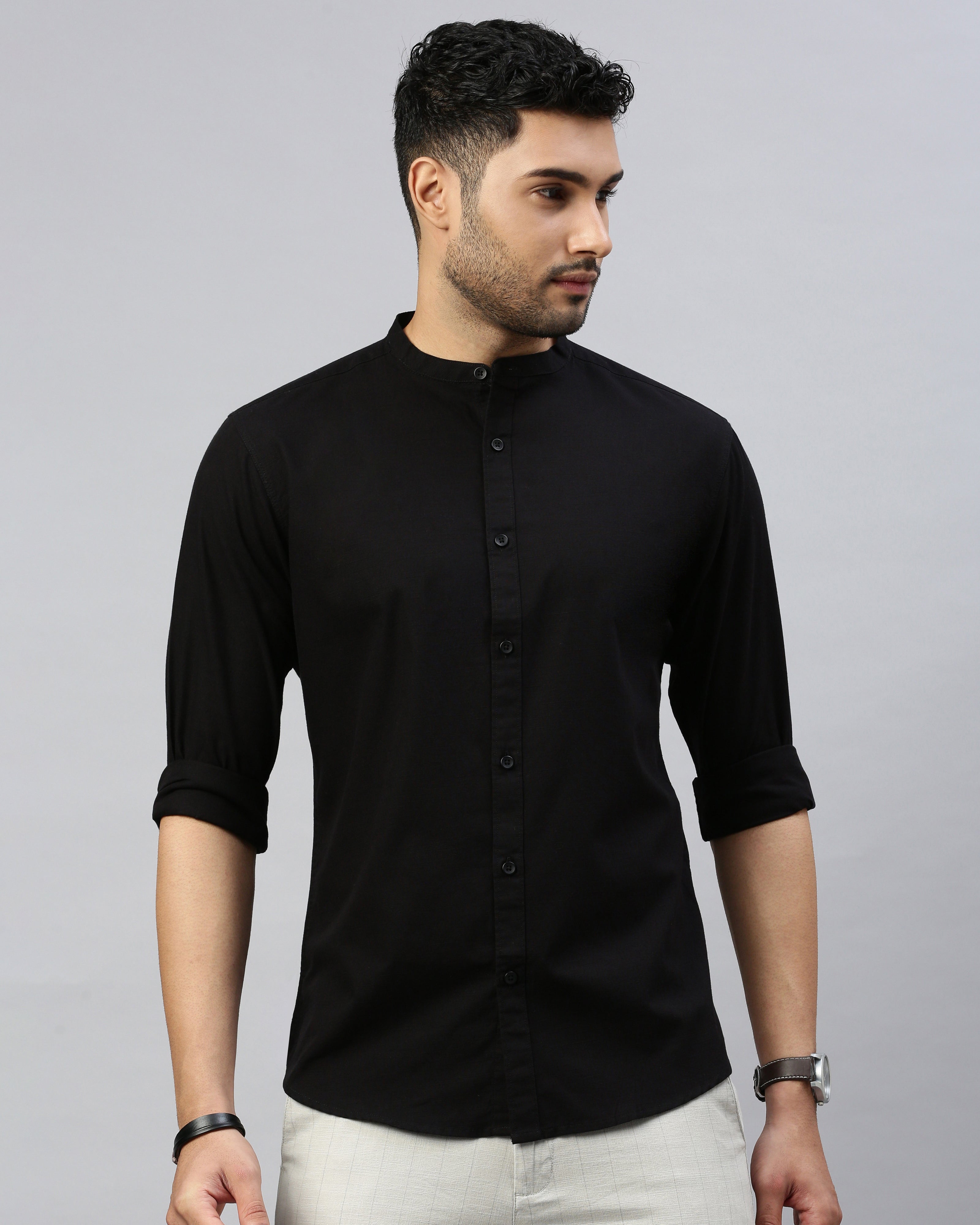Men Black Cotton Slim Shirt