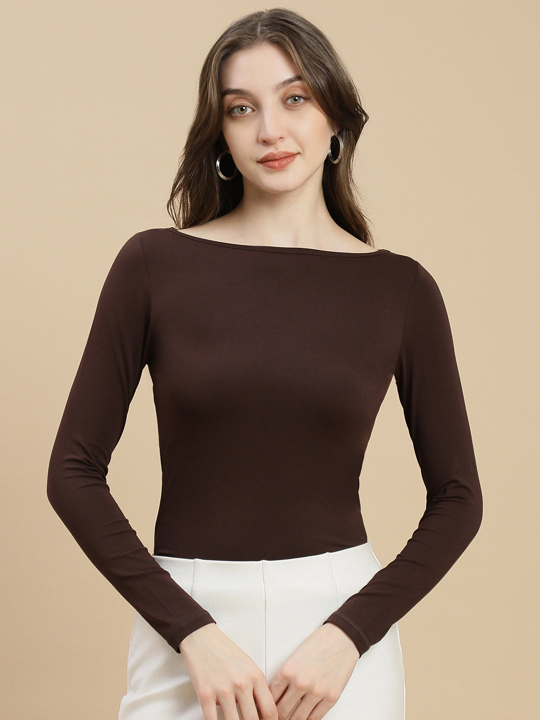 Women Brown Boat Neck Top