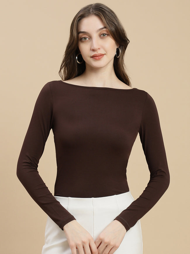 Women Brown Boat Neck Top