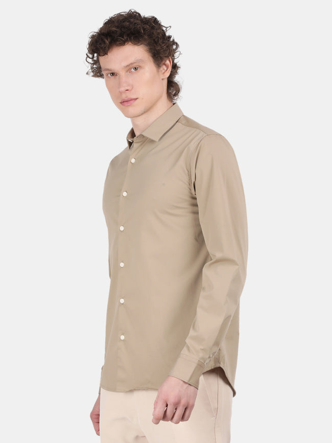 Men Khaki Slim Fit Spread Collar Full Sleeve Casual Shirt