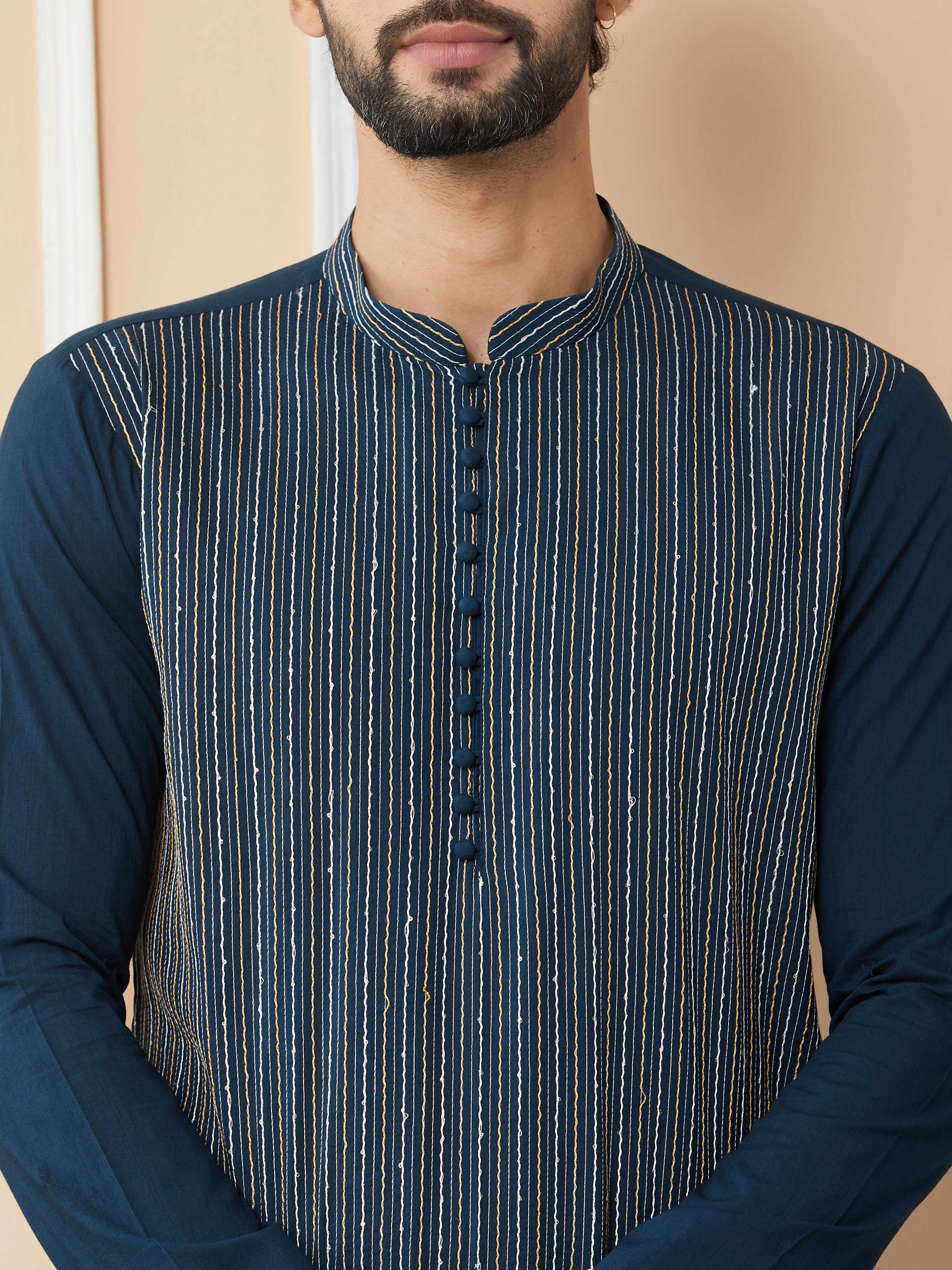 Men Dark Blue Thread & Sequin Worked Pure Cotton Straight Kurta